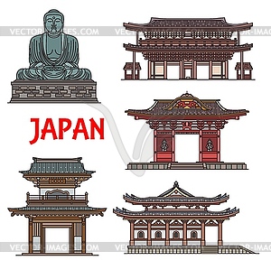 Japanese temples, pagodas Kamakura architecture - vector clip art