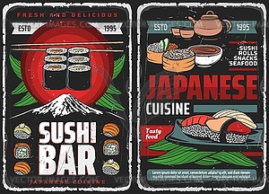 Sushi bar rolls, Japanese food restaurant menu - vector image