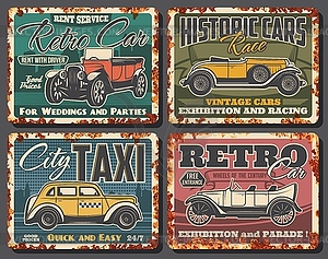 Retro cars rent, taxi service rusty plate - vector clipart