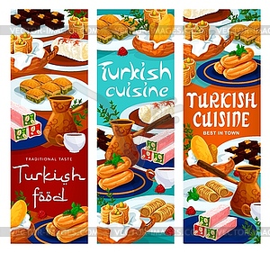 Turkish food cuisine menu, desserts, pastry sweets - vector clip art