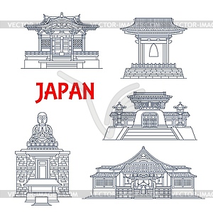 Japan temples, Japanese pagoda buildings Kamakura - vector image