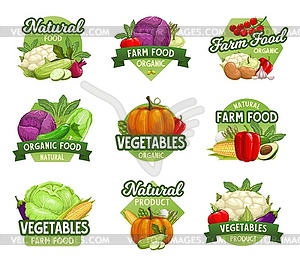 Vegetables icons, farm market food veggies - vector clip art