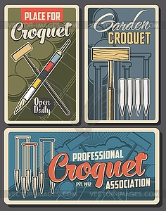 Croquet sport posters, club tournament game - vector clipart