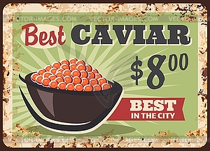 Red caviar delicacy, rusty metal plate - vector image