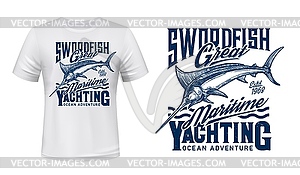 Fishing, yachting t-shirt print with blue marlin - vector clip art