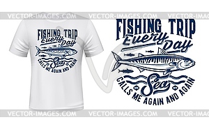 Fishing sport t-shirt print with mackerels shoal - vector image