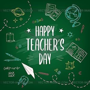 Happy teachers day, school chalk sketch background - color vector clipart