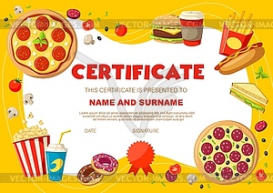 Kids diploma certificate with snacks and drinks - vector clipart