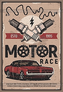 Retro cars races, vintage motors rally poster - vector image