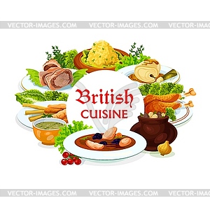 Britain cuisine meals, dishes round frame - vector image