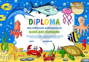 Kids diploma certificate with underwater animals - vector clipart