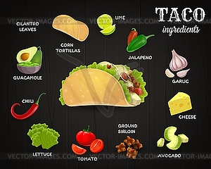 Tacos ingredients, mexican fast food - vector image