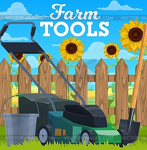 Farm tools lawn mower, bucket and shovel - vector image