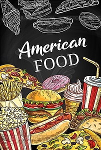 American fastfood poster, sketch takeaway food - vector clipart