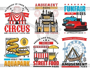 Funfair and amusement park attraction icons - vector clipart