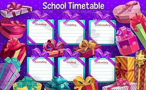 School timetable with gift boxes, ribbons - vector image