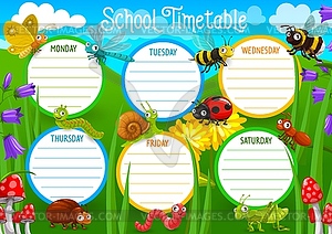 School timetable, planner with insects characters - vector image