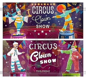 Clowns on Big Top Circus arena cartoon - royalty-free vector clipart
