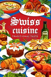 Swiss food, cuisine dishes, cartoon poster - vector clipart