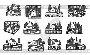Деревянные эко дома, значки зданий недвижимости - клипарт в векторном формате