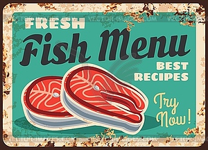 Salmon fish steak, fillet rusty plate, seafood - vector image