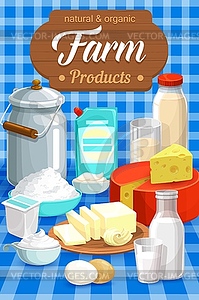 Milk and dairy farm food products, poster - vector clipart
