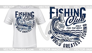 Fishing t-shirt print mockup, pike fish on waves - vector image