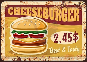 Cheeseburger rusty plate, fast food menu - vector clipart