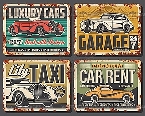 Cars rusty metal plates, auto service tin signs - vector clipart