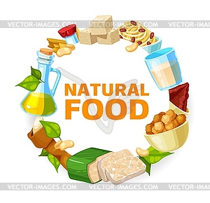 Soybean and soy products frame, soya food - vector image