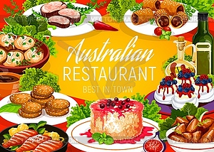 Australian cuisine food dishes, restaurant menu - vector image