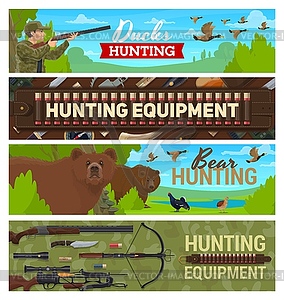 Hunting sport items equipment, hunter with rifle - vector image