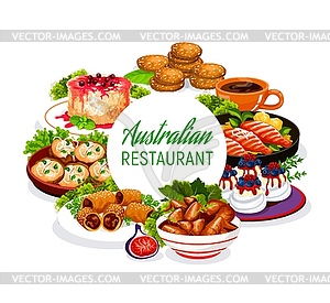 Australian cuisine restaurant menu, food dishes - vector image