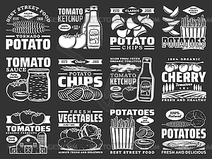 Potato food monochrome icons, tomato products - stock vector clipart