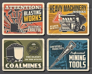 Coal and ore mining posters, mine industry factory - vector image