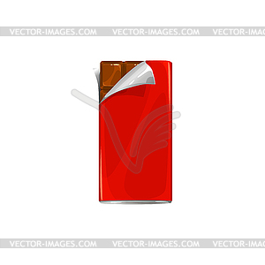 Chocolate bar, candy wrapper package open corner - vector image