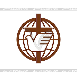 Cross, holy dove bird and globe icon - vector image