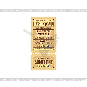 Basketball game invitation retro ticket - vector image