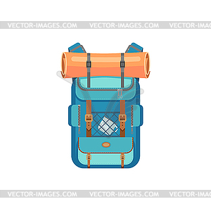 Hiking rucksack with mat, cup travel bag - vector image