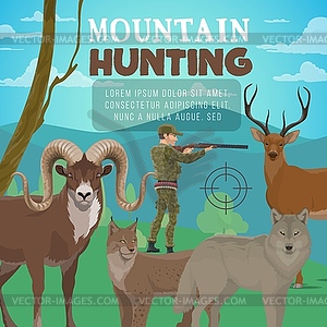 Mountain hunting, forest deer, wild animals hunter - vector image