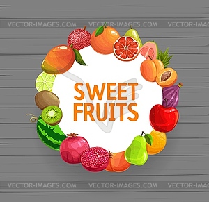 Fruits frame banner, garden and tropical farm food - vector image