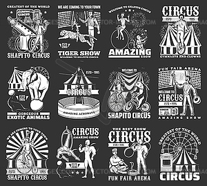 Circus icons monochrome, funfair carnival vintage - vector image