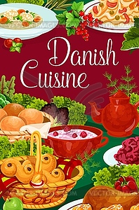 Danish cuisine food menu dishes, buffet meals - vector clip art