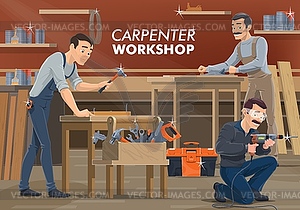 Carpenter and woodworker workers, wood works - vector image