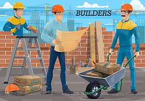 Engineer builder workers on construction site - vector clip art