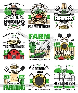 Farming agriculture icons, farm field and farmer - vector clipart