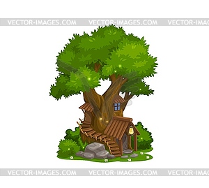 Fairy house of dwarf gnome, elf home tree cartoon - stock vector clipart