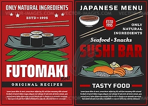 Sushi posters Japanese cuisine food futomaki rolls - royalty-free vector image