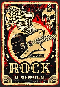 Rock music poster, skull and electric guitar wings - vector clipart