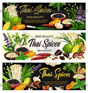 Thai spices, herbs and seasonings, food condiments - vector clipart